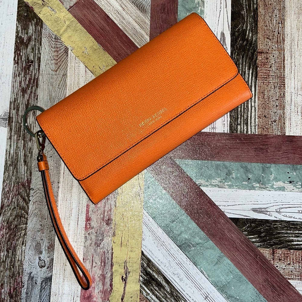 Henri Bendel Uptown Organizer Wallet Wristlet EUC Orange Trifold Phone Lipstick